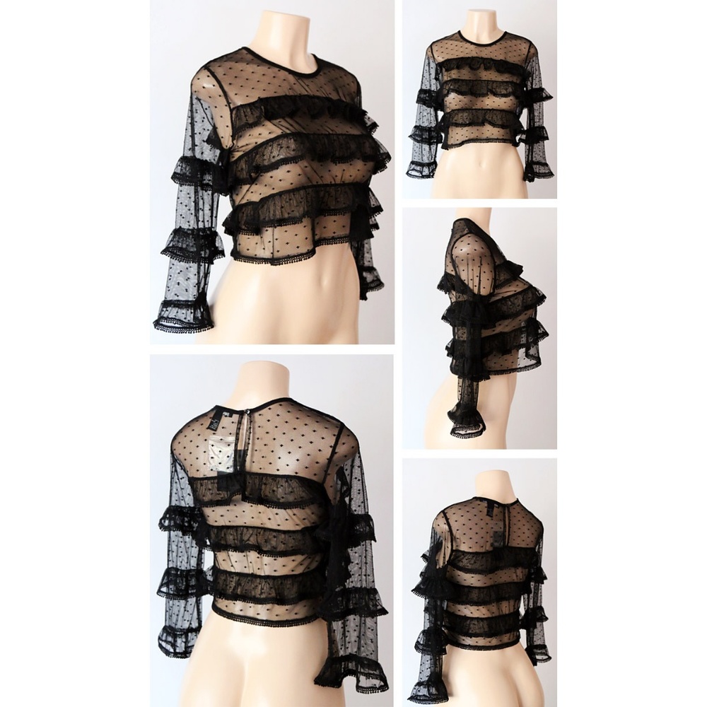 Last ☝️ Sheer Mesh Polka Dot Ruffle Crop Lace Top - Picture 2 of 8